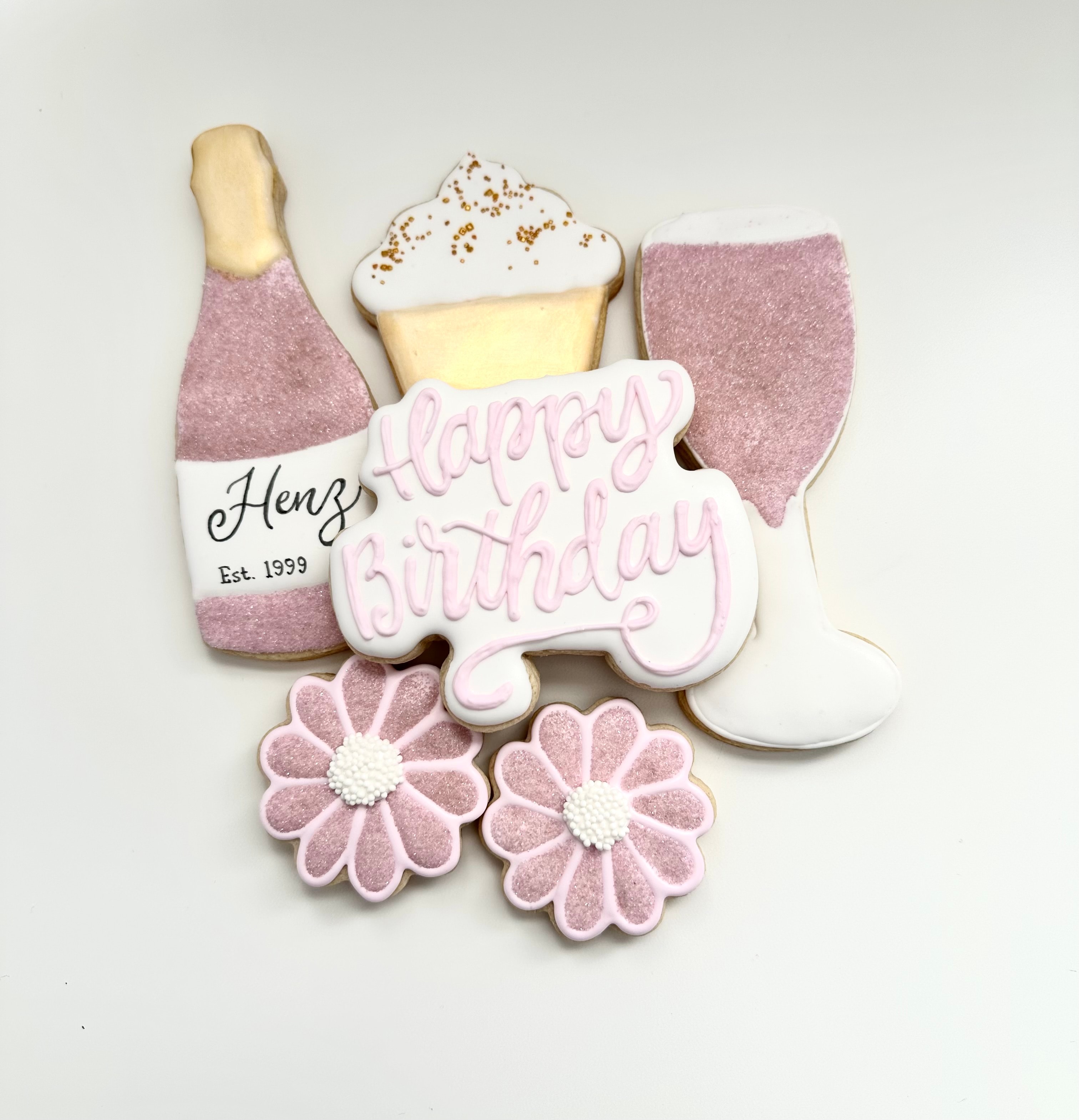 Pink champagne happy birthday cookies